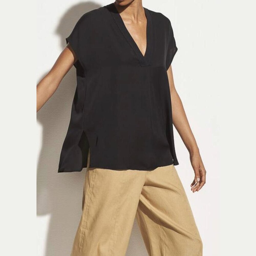 Vince Silk Georgette Double V-Neck Blouse Black Large